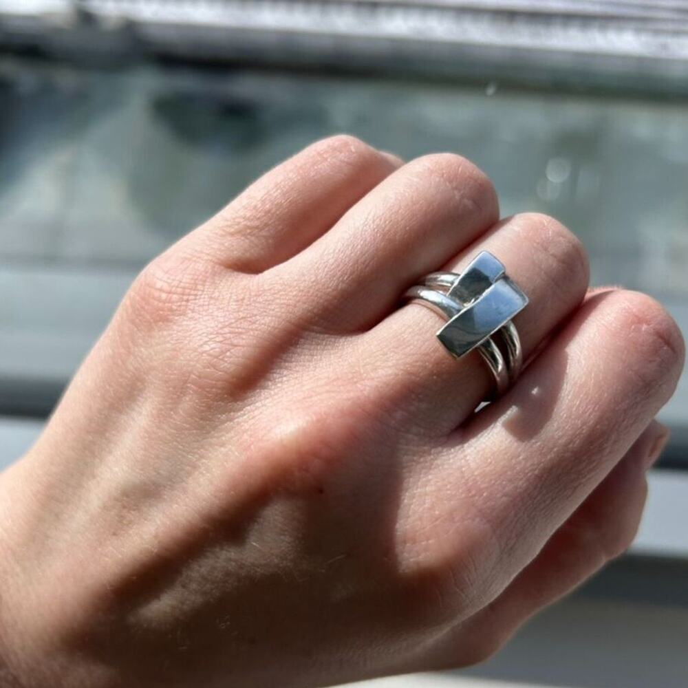 Sterling Silver 925 Modernist Geometric Ring Size 9 Double Band Statement